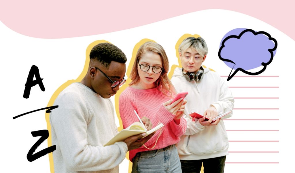 A composite image showing some graphic elements designed to look like a notebook (page lines, speech bubbles, scribbles) and a photo of three young people, one holding a phone, one with headphones around their neck, all looking at the notebook which the foreground young person is writing in.